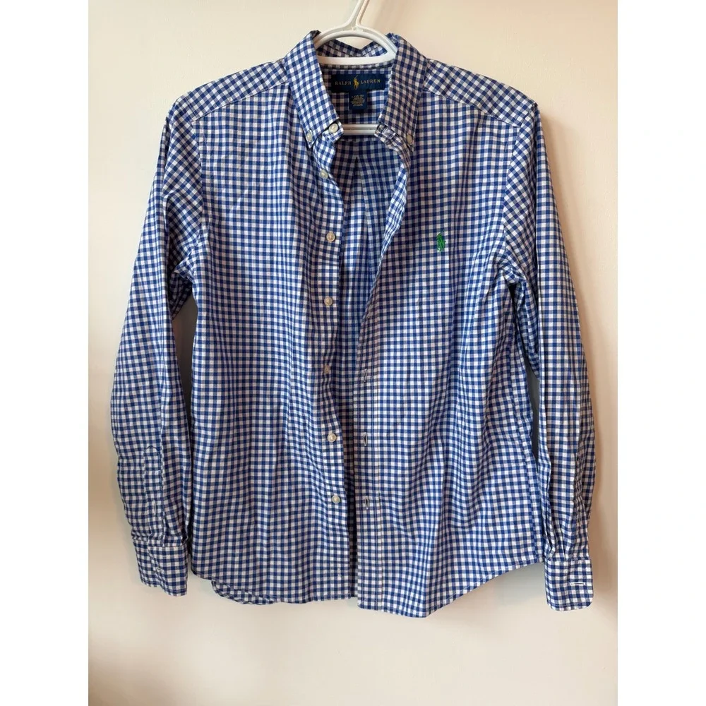 Ralph Lauren Boys Blue White Gingham Button Down Shirt Size L 14-16 Cotton Pony